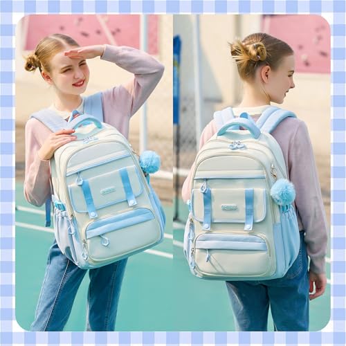 School Backpack for Girls, Laptop Backpack 15.6 Inch Kids Elementary Middle High School Bag Anti Theft Cute College Bookbags for Teens Girls Women Students Casual Travel Daypack,Blue Beige - color: Blue Beige