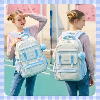 School Backpack for Girls, Laptop Backpack 15.6 Inch Kids Elementary Middle High School Bag Anti Theft Cute College Bookbags for Teens Girls Women Students Casual Travel Daypack,Blue Beige - color: Blue Beige