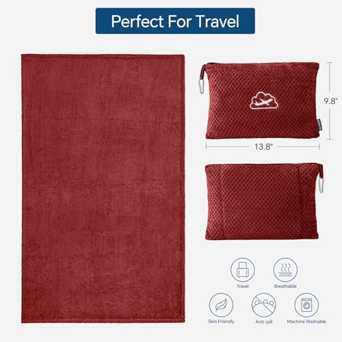 BEDELITE Travel Blanket with Bag, Ultra-Soft Jacquard Fleece Blanket with Luggage Sleeve & Backpack Clip, Airplane Blanket Travel Essentials, Burgundy - color: Burgundy