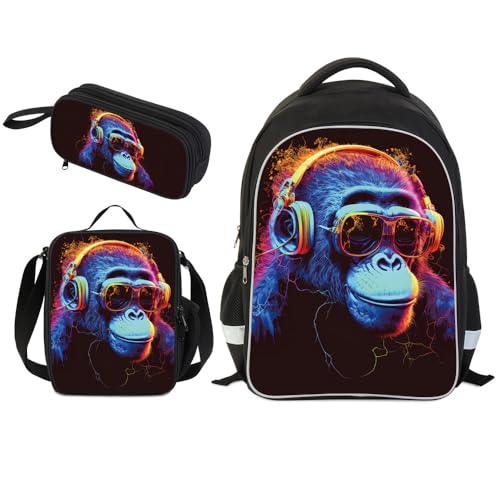 HiMagics Kids Backpack Set for Boys - 3pcs Backpack with Lunch Box Pencil Pouch Set for Elementary Middle High School - Students Bookbag for Ages 6-18 Gorilla Pattern - color: A03-gorilla-set