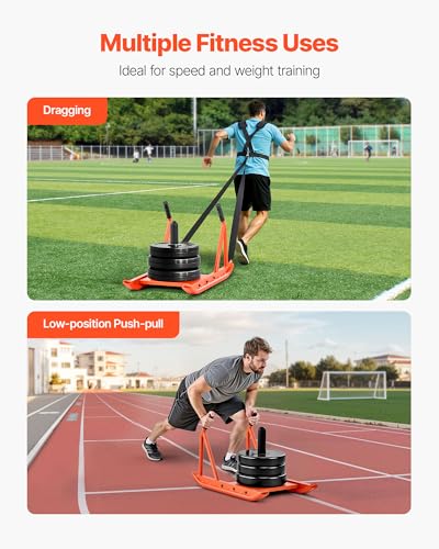 VEVOR Football Sleds and Chutes, Weight Sled, Football Training Pull Push Running Sled, Fitness Workout Sled Push Gym Equipment, Adjustable Height Handle, Compatible 1/2 in Weight Plates - style: Push Pull-BK OR