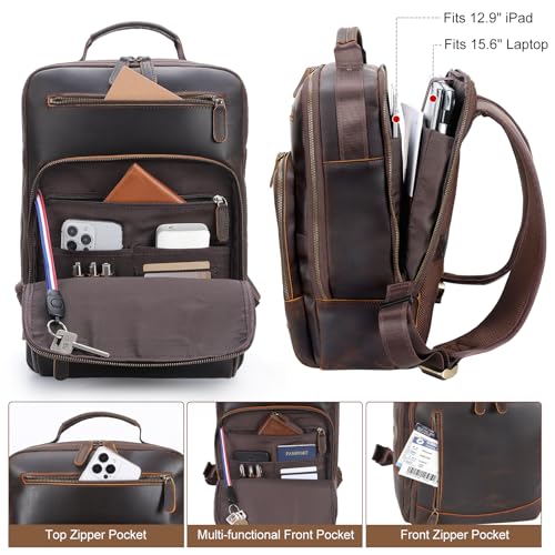 TIDING Full Grain Leather Laptop Backpack for Men, Vintage 15.6 Inch Computer Work Bag College Business Casual Daypack