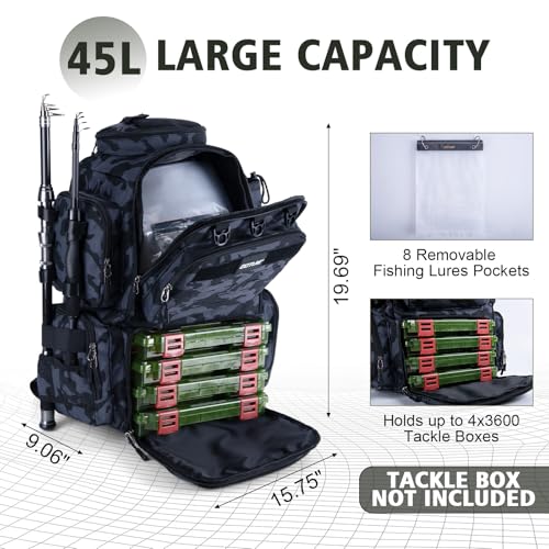 Goture Fishing Backpack, 900D Water-Resistant Tackle Backpack with Rod Holders, 45L Large Fishing Bag Storage Gear Tackle Bag with 8 Lure Pockets, Rain Cover for Camping Hiking(Without Tackle Box) - color: 45L Camo with 8 Lure Pockets