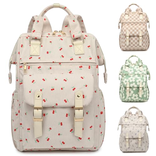 Corduroy Laptop Backpack for Women 15.6 Inch Stylish College School Bookbag, Business Work & Travel Computer Backpacks (Cherry Beige) - color: Corduroy Cherry Beige