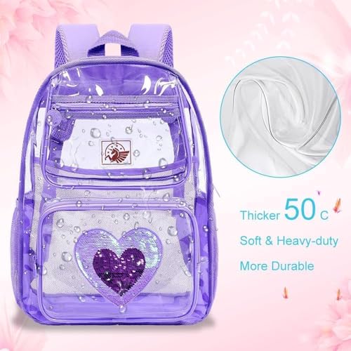 UFNDC 3PCS Clear Backpack Heavy Duty, See Through School Bag for Girls, Sequins Transparent Bookbag for Women - color: Purple Love Clear Backpack Set