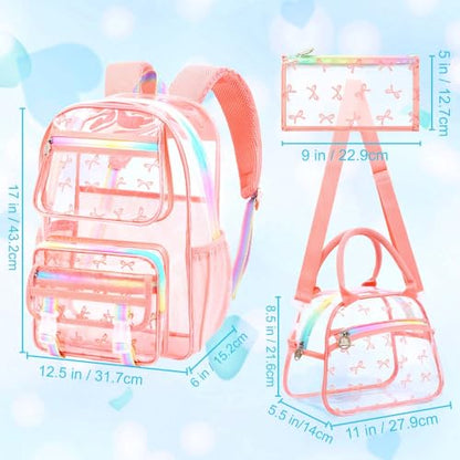 KLFVB 3PCS Clear Bookbag for Girls Heavy Duty, See Through School Backpack Set, Cute Transparent Bag for Women - Bow Pink - color: Bow Pink Clear Backpack