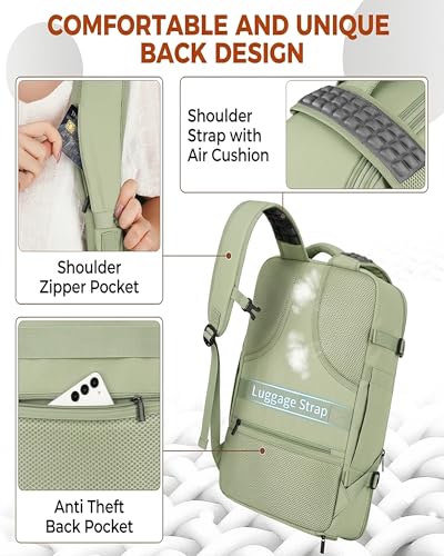 Vancropak Carry on Backpack for Women, Large Expandable Travel Backpack Fits 17.3" Laptop, Airplane Approved Suitcase Bag with Shoe Compartment, Lightweight Anti Theft Weekender Bag for Travel, Green - color: Green