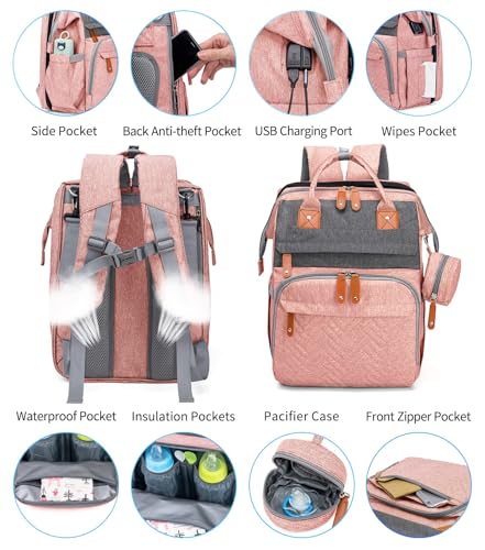 KABAQOO Diaper Bag Backpack with Detachable Changing Station, Large Capacity Baby Diaper Bags for Boys & Girls, Baby Registry Search Stuff & Shower Gifts, Newborn Essentials Must Haves, Pink Grey - color: Pink Grey