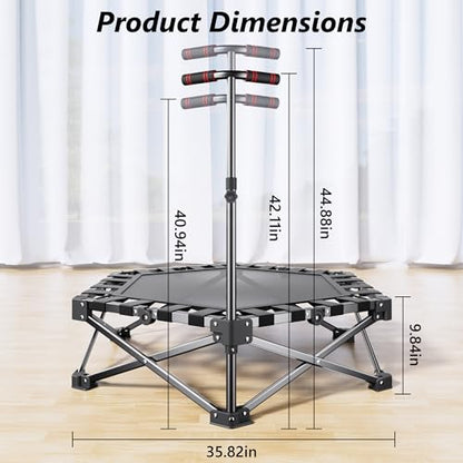 RYGEO Mini Fitness Trampoline with Adjustable Handle Bar, Black, Indoor Exercise Rebounder for Kids, Foldable Frame