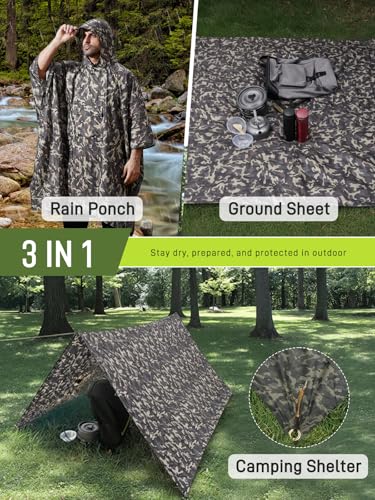 SaphiRose Extra Thick Hooded Rain Poncho Double Layer Waterproof Raincoat Jacket for Men Women Adults - color: Brown Camouflage