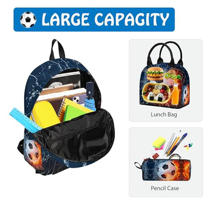 3PCS Backpack for Boys Girls, Kids Soccer Back to School Backpack Sets with Lunch Bag Pencil Case, 17 Inch Lightweight Bookpack 3 in 1 Set for Teens Elementary Middle High School Students - color: Water Fire Soccer
