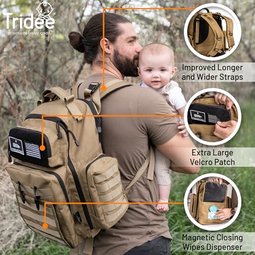 Tan Dad Diaper Bag - Molle-Style Military Diaper Backpack Made of Rugged 900D Waterproof Polyester with Wider Extra-Long Straps, Pouch for Dirty Diapers, Baby Wipes Dispenser & Insulated Pockets - color: Tan