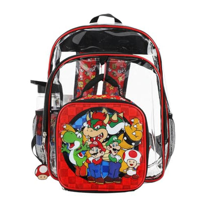 Bioworld Super Mario Brothers 5-Piece Backpack & Lunchbox Set With Water Bottle - color: 5-pc Super Mario Clear Red, size: 16 Inches