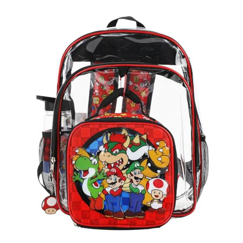 Bioworld Super Mario Brothers 5-Piece Backpack & Lunchbox Set With Water Bottle - color: 5-pc Super Mario Clear Red, size: 16 Inches