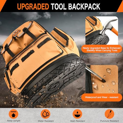Tool Bag Backpack, Tool Backpack Heavy Duty Organizer/HVAC Tool Bag for Electrician/Construction Work with Molded Base and Combination Lock, Large, Brown