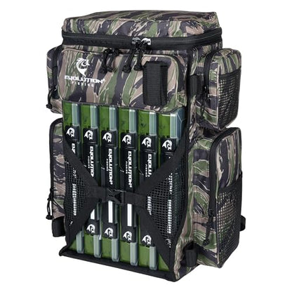 Evolution Fishing Drift Series Tackle Backpack, Outdoor Rucksack w/ 6 Fishing Tackle Trays, Heavy Duty - color: Tiger Stripe, size: 3700