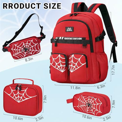 Kids Backpack for Boys - 4Pcs Boys Backpack with Lunch Box Set for Kids Teens Elementary Middle School, 18″ Large Capacity Students Bookbag, Perfect for Travel and School - color: Red-backpack-set