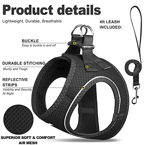 Fida Comfy Dog Harness with Leash, Soft Puppy Vest Escape Proof, Breathable Lightweight Soft Mesh, Adjustable Reflective Step-in Harness for Cat & Extra-Small Pet (XS, Black) - color: Black, size: XS (Neck:12.2"-13"; Girth:14.2"-16.1")