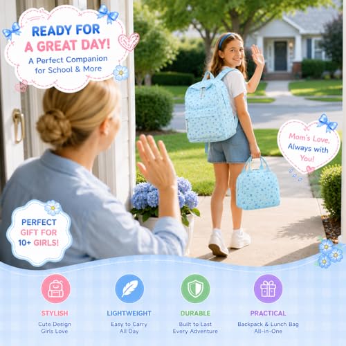 BTOOP School Backpacks for Teen Girls Bookbags Lightweight Kids Backpack School Bags Set with Lunch Box Pencil Case - color: Blue Bow