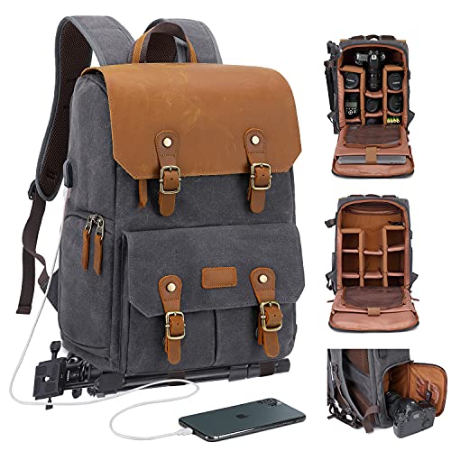 JAEP Camera Backpack - Weather Resistant 16 Ounces Waxed Memory Canvas – DSLR SLR Backpacks with 15.6” laptop sleeve compartment and Tripod Holder for Photographers -Vintage leather Style (Dark Grey) - color: Dark Grey