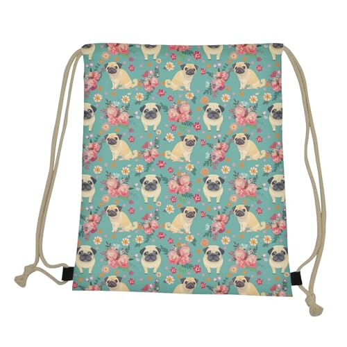 Upetstory Fun Pug Dog Floral Print Drawstring Backpack Shoulder Bags Lightweight Gym Bag Sackpack for Women Girls - color: Pug Dog