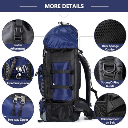 90L Hiking Backpack, Waterproof Camping Bag with Rain Cover, Lightweight Backpacking Back Pack - color: Blue