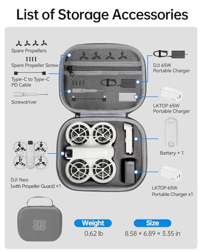 LKTOP Neo Carrying Case for DJI Neo (No RC) Accessories, PU Leather Storage Bag Waterproof Travel Handbag Protective Hard Case, Compatible with DJI Neo Drone, Battery, Charger, Propellers (9×7×3 In)