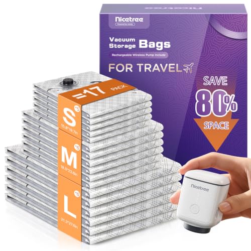Nicetree 17-Pack Vacuum Bags for Travel with Rechargeable Pump, 3 Sizes - style: 17 Combo Set