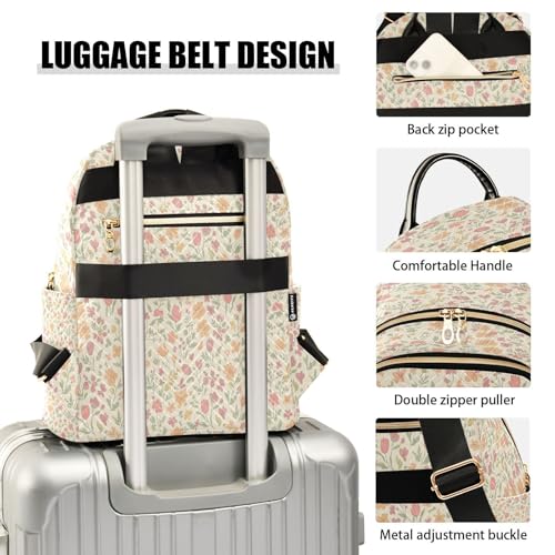 Soft Tulip Meadow Lightweight Casual Backpack for Women, Quilted Full Print Daypack with Leather Handle and Multiple Pockets, Fashion Travel Laptop Backpack for Work and Daily Use