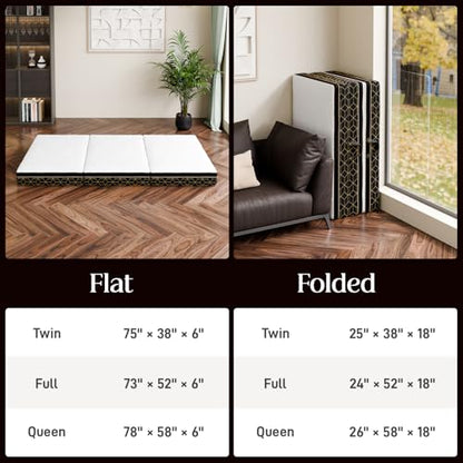 GEMBED Tri-Fold Memory Foam Mattress Twin - 6 Inch Portable Folding Sofa Bed with Handle & Washable Cover, Floor Sofa Bed with Non-Slip Base, Space-Saving for Room, Travel, Guest Bed, RV, 75"x38"x6" - size: Twin Size, style: 6 Inch