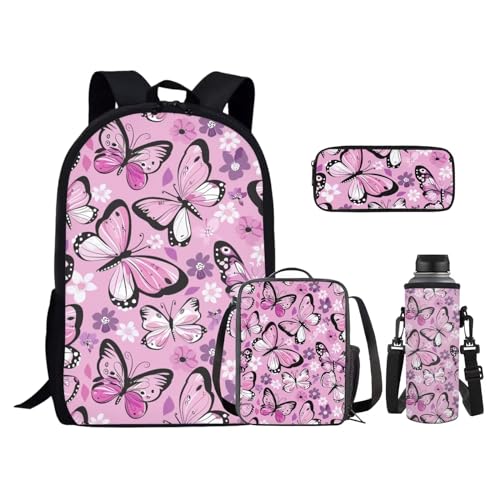 Butterfly Flower Backpack for Girls 4PCS Backpack Set with Lunch Box Pencil Case and Water Bottle Holder Novelty Bookbags for Children Teens Lightweight Backpack 4 in 1 Set for School - color: Butterfly Flower