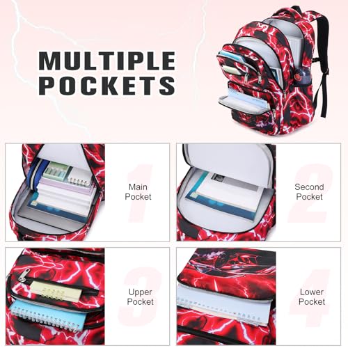 Bevalsa Backpack for Boys, Lightning School Bags with Lunch Bag & Pen Case for Kids, Bookbag for Boys Teens Elementary Middle High School - color: Red Racing Car