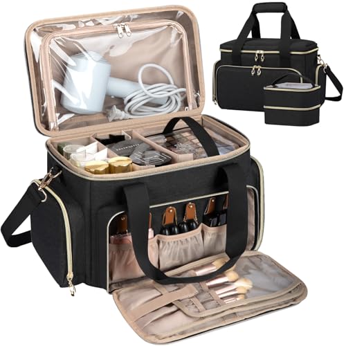 GDNasist Large Makeup Bag, Portable Travel Makeup Bag Organizer for Women Girls with 2 Removable Pouches & Detachable Dividers, Cosmetic Travel Bag, Toiletry Bag for Makeup and Hair Supplies Black - color: Black
