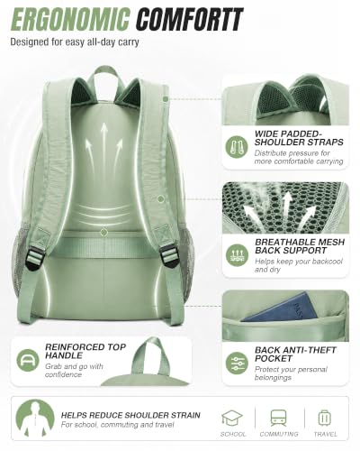 BJLFS Green Cute School Backpack with Laptop Compartment Small Travel Laptop Backpack for Women Men Waterproof College Backpack Simple School Bag for Teens Girls Boys - color: A1-green
