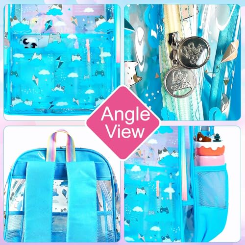 gxtvo 3PCS Clear Backpack Heavy-Duty Set for Women & Teen Girls, 17" Sky Blue Transparent Bookbag with Rainbow Strap, Cute Cloud Cat See Through School Bag - color: Sky Blue Cloud Cat Clear Backpack Set