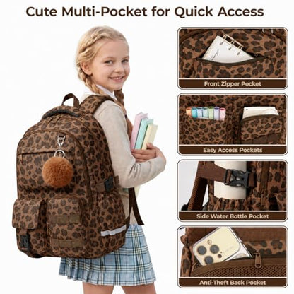 WOBAGMEN Cute Leopard Backpack for Teen Girls, Large Capacity Multi-Pocket School Bag Fits 15.6" Laptop, Lightweight Durable Daypack for School and Travel (Brown Leopard, M) - color: Brown Leopard