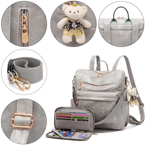 Soperwillton Women Backpack Purse Multipurpose Design Handbags Shoulder Bag PU Leather Travel bag Backpack Set 2pcs - color: Grey