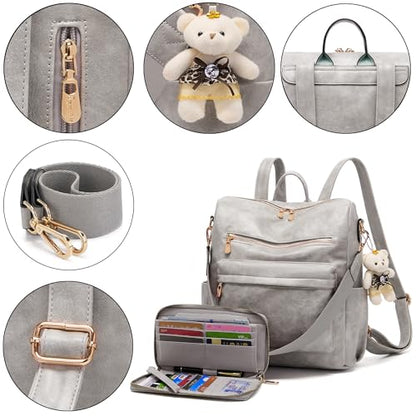 Soperwillton Women Backpack Purse Multipurpose Design Handbags Shoulder Bag PU Leather Travel bag Backpack Set 2pcs - color: Grey