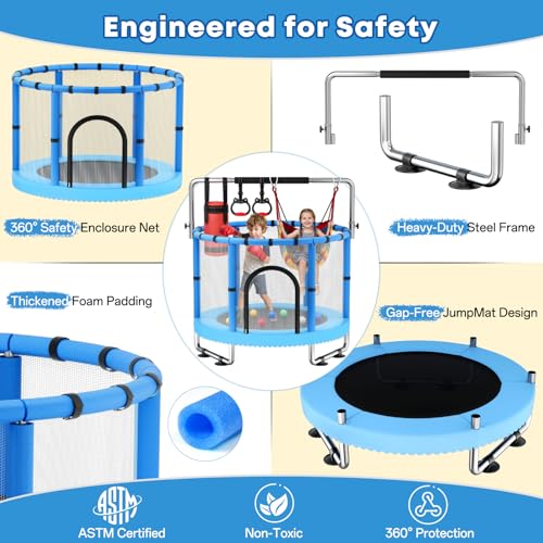 Toddler Trampoline for Kids, 440lbs Kids Trampoline with Net, Trampoline Indoor Outdoor playset with Adjustable Gymnastics Bar, Easy Assembly