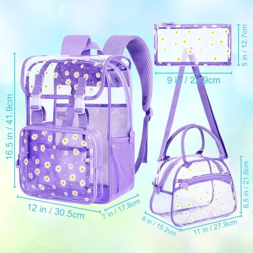 3PCS Clear Backpack, Heavy Duty Transparent Bookbag for Girls Women, Stadium Approved See Through Backpack with Lunch Box (Purple Daisy) - color: Purple Daisy