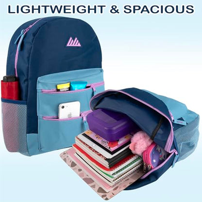 Summit Ridge Colorful Big Backpack for School Kids, Multi Pocket Backpack for Elementary, Middle School Girls, Boys with Padded Straps (Navy/Teal) - color: Navy/Teal