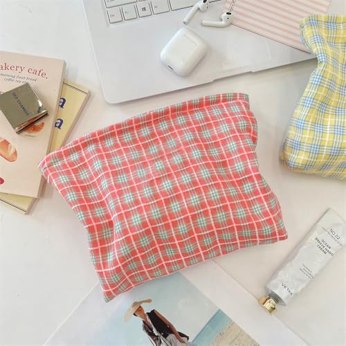 Flat Makeup Bag for Women,Zipper Cosmetic Pouch for Purse,Check Red - color: Check Red