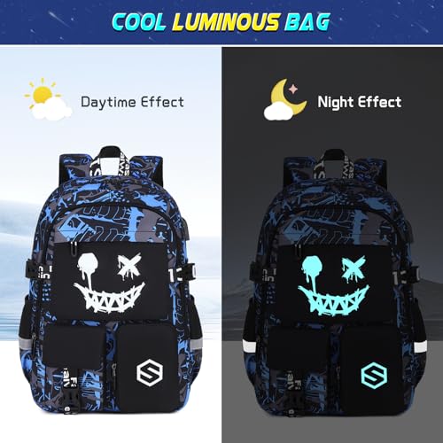 Scothen Boys Backpack, Cool Luminous School Backpacks for Boys with Lunch Bag Pencil Case, Kids Backpack Kindergarten Elementary Middle School Book Bags for Teen Boy Children with USB Charging Port - color: Blue Face