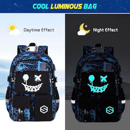 Scothen Boys Backpack, Cool Luminous School Backpacks for Boys with Lunch Bag Pencil Case, Kids Backpack Kindergarten Elementary Middle School Book Bags for Teen Boy Children with USB Charging Port - color: Blue Face