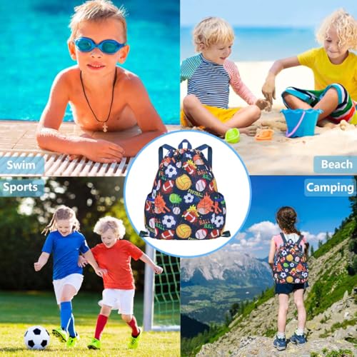 RHCPFOVR Drawstring Backpack for Kids - Football Bags for Girls Mini Gym Dance Beach Swim Travel Bag With Two Water Bottle Holder - color: Football