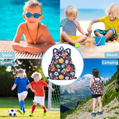 RHCPFOVR Drawstring Backpack for Kids - Football Bags for Girls Mini Gym Dance Beach Swim Travel Bag With Two Water Bottle Holder - color: Football