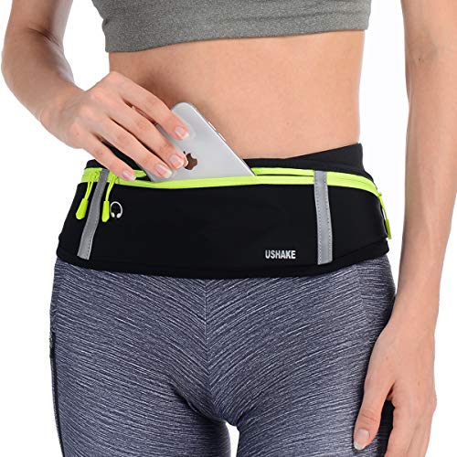 USHAKE Slim Running Belt, Workout Fanny Pack for Men Women,Exercise Waist Pack for Apple iPhone Holder, Runner Belt for Running Walking Cycling Camping Gym - color: Black/3 Yellow Zippers
