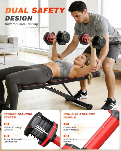 Rendpas Adjustable Dumbbells Set of 2, 5-in-1/10-in-1/16-in-1 Quick-Lock Hand Weights 25/55/80 lbs Pair, Anti-Slip Handle Free Weights Set for Home Gym Strength Training for Men Women - color: Classic Red-55LBS Pair-5 Weights