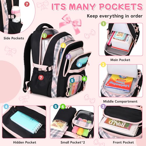 Girls Backpack, 17-Inch Bookbag for Middle & Elementary School, Kawaii Kids Backpack for Girls Ages 6-12(Black Pink) - color: Black Pink