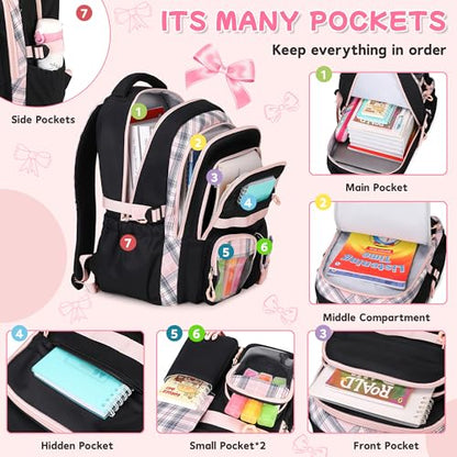 Girls Backpack, 17-Inch Bookbag for Middle & Elementary School, Kawaii Kids Backpack for Girls Ages 6-12(Black Pink) - color: Black Pink